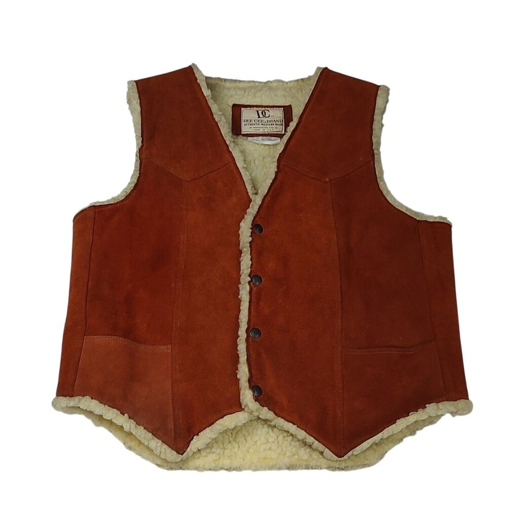 Dee Cee Brand Mens Western Suede Leather Vest Faux Shearling Lined Rust Brown L